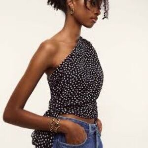 Zara Black and White Polka Dot One-Shoulder Top